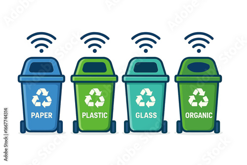 Smart recycling bins with wireless technology for waste management. IoT sensors for sorting paper, plastic, glass, organic trash. Urban ecology & environment concept vector.