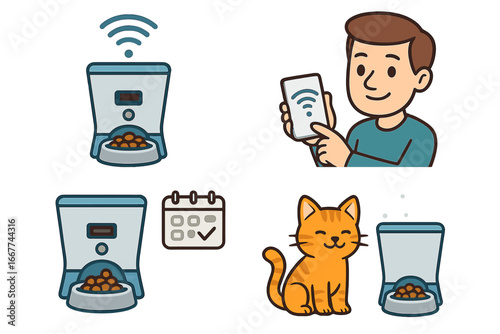 Smart pet feeder vector icon set. Automatic cat food dispenser with remote control via smartphone app. Pet care technology for scheduled feeding. Animal IoT device cartoon illustration.