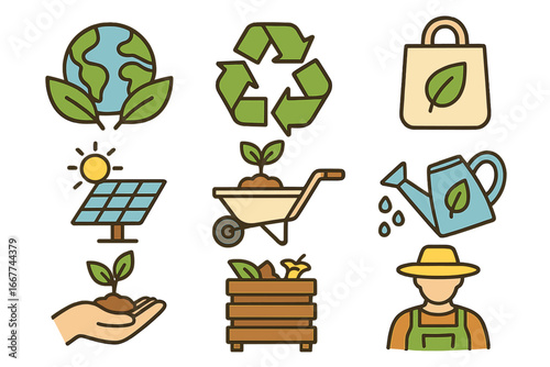 Environmental sustainability and eco-friendly gardening symbols, green initiatives, recycling, solar energy, composting, watering, planting, agriculture practices, farmer vector icons