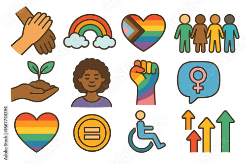 Vibrant symbols of diversity, inclusivity, equality, social progress, unity, gender rights, disability access, environmental care, and LGBTQ+ pride in colorful vector cartoon collection