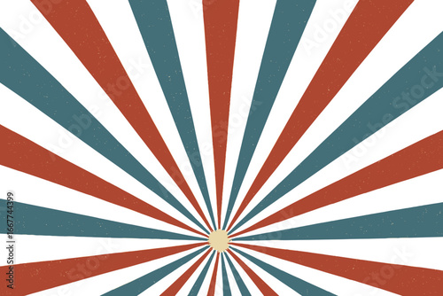 Retro vintage sunburst background in blue, red and white stripes with radiant rays, radial pattern for banners, posters, and design projects, vector cartoon illustration