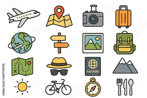 Travel icons representing essential activities and gear for an unforgettable adventure, journey, and exploration experience. Vector cartoon illustration, transparent background.