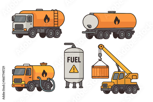 Industrial fuel trucks and equipment for resource handling, including tanker trucks, fuel tank, crane with container, and refueling vehicle in cartoon vector style, transparent background.