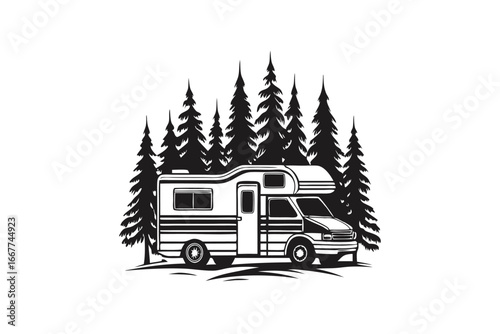 Minimalist RV Motorhome Camper Van in Forest on White Background Design