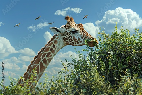 Wallpaper Mural Gentle giraffe gracefully eats leaves surrounded by lush greenery and birds in a vibrant sky Torontodigital.ca