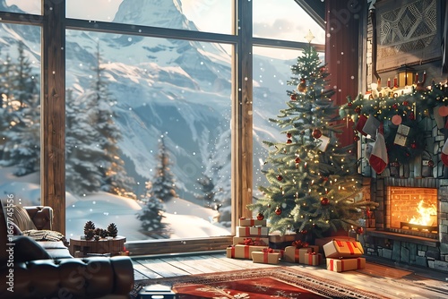 Wallpaper Mural Cozy Christmas cabin with snowy mountain view, decorated tree, gifts, and roaring fireplace Torontodigital.ca