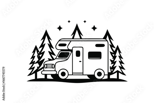 Simple Motorhome with Trees and Stars Isolated on White Background