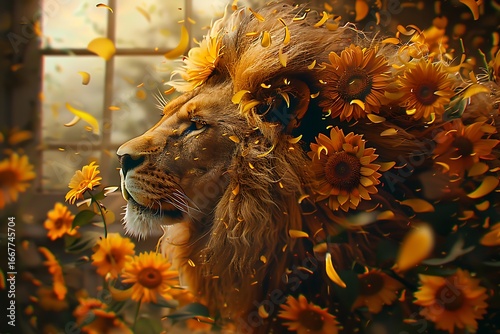 Wallpaper Mural Majestic lion crowned with sunflowers, exuding strength and natural beauty in a vibrant, sunlit scene Torontodigital.ca
