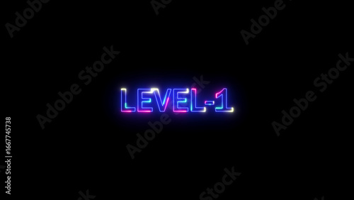 Neon Glow Level One Text on Black Background glowing illuminated