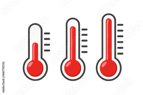 Thermometer isolated vector icon set with different temperature levels, weather measuring tool, cartoon style illustration, transparent background, ordered set 1