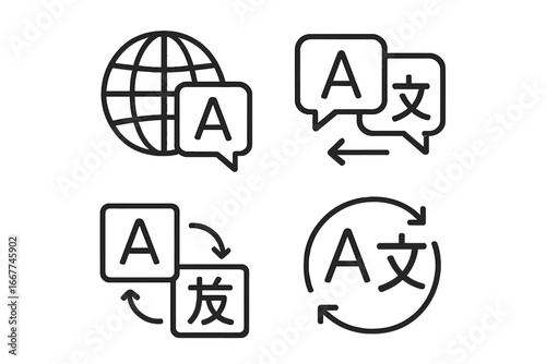 Translate icons set, language translation chat bubbles, line set icons, translate service symbol, vector icon, multilingual communication, tech design, global language concept