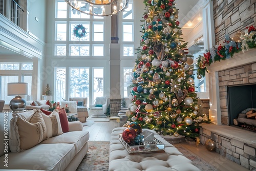 Wallpaper Mural Warm luxurious living room decorated for Christmas with a towering tree and cozy fireplace Torontodigital.ca
