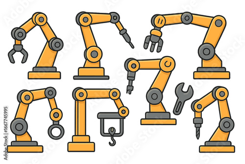 Various Robotic Arms and Industrial Tools Designed for Precision Automation in Engineering and Manufacturing Environments, Vector Cartoon Illustration on Transparent Background