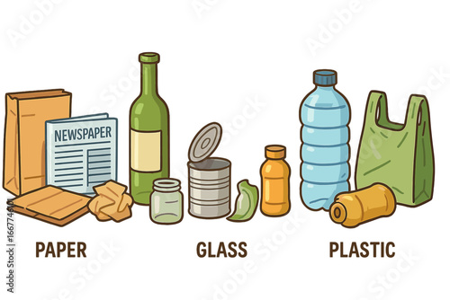 Various recyclable materials lined up on white background showcasing sustainable waste management practices and recycling concepts in modern society, vector cartoon illustration