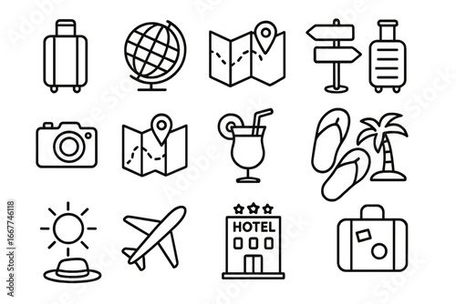 Travel and tourism line icon set for vacation, trip planning, holiday essentials, transportation, sightseeing, beach accessories, hotel stay, summer relaxation, vector cartoon illustration