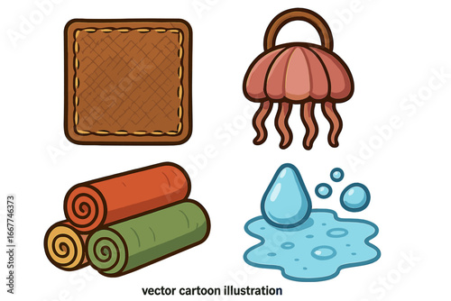 Various textures and materials in creative design scene featuring leather patch, jellyfish-inspired purse, fabric rolls, and water droplets, vector cartoon illustration