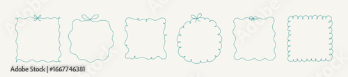 Set of whimsical wavy ribbon circle and square frames with bows. Cute line doodle drawings. Hand drawn vintage border for wedding, birthday, Christmas, menu design and cards. Coquette flirting style