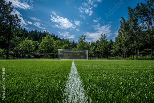 A vibrant view of a soccer field under a clear blue sky surrounded by lush trees inviting play and camaraderie