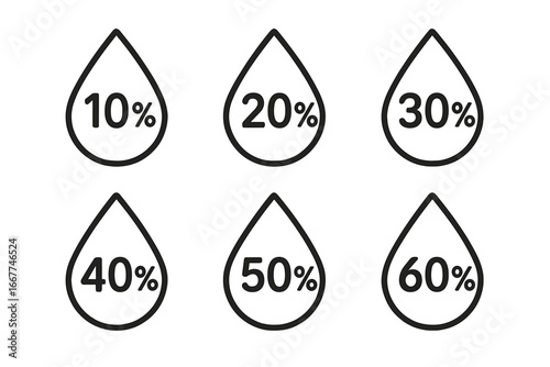 Water proportion icon set with raindrop percent outline symbols, vector icons collection, cartoon style illustration, transparent background, ordered design elements