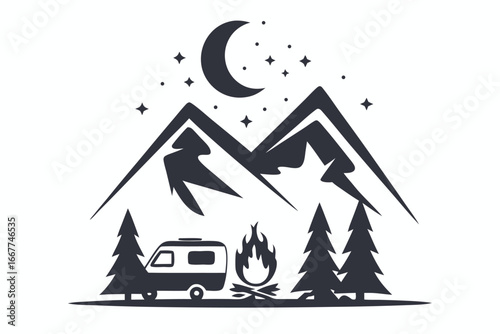 Mountain Landscape with Campervan, Campfire, Moon, Stars on White Background
