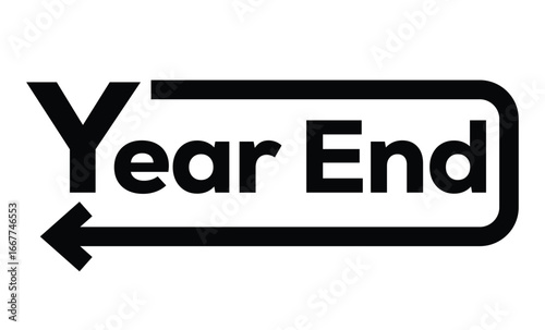 Minimalist black and white graphic of year end in bold geometric font. Numbers connected by wave-like line with arrows, symbolizing transition. Clean, modern, rectangular frame design.