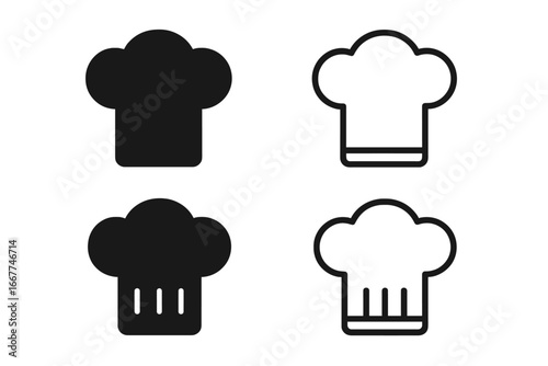 Chef hat icon set. Cook and baker symbols collection. Vector graphic illustration of kitchen and restaurant elements. Filled and outline culinary signs for food service, menu, and logo design.