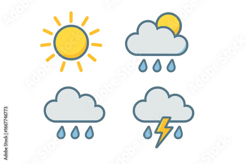 Colorful vector flat illustration of various weather conditions with sun, rain, clouds, storms, lightning, and thunder icons. Cartoon style transparent weather symbols collection.