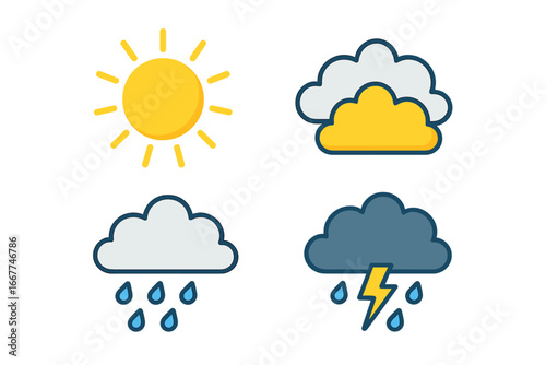 Vector flat illustration of weather conditions including sun, rain, clouds, storms, lightning, colorful cartoon icons for meteorology, climate, forecast, seasonal symbols