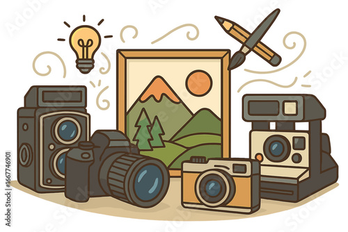 Various types of cameras including vintage, DSLR, instant camera with framed landscape artwork in creative artistic inspiration setting, light bulb and drawing tools vector cartoon illustration