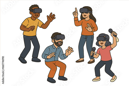 Diverse group engaging in immersive virtual reality experience with VR headsets, interactive gestures, and modern technology, vector cartoon illustration on transparent background