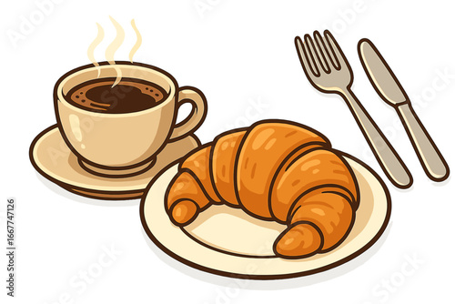 Warm cup of coffee and fresh croissant with plate and cutlery set, cozy breakfast scene, morning cafe delight, vector cartoon illustration for food and drink concepts