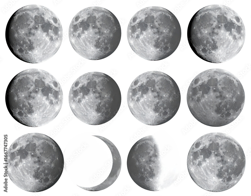 Obraz premium Phases Of The Moon Illustration On Transparent Background Showing Waxing And Waning Cycle Detailed Texture