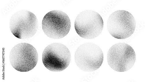 Eight circle shapes with halftone dot patterns. Abstract noise grain vector illustration. Graphic design element set.