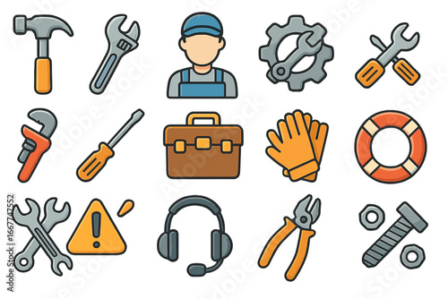 Various tools and repair icons depicting technician’s work environment, mechanical support elements, safety gear, and maintenance equipment in a colorful vector cartoon style