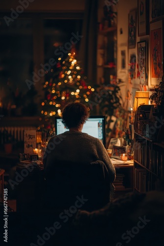 Wallpaper Mural Cozy Christmas Workspace: Woman at Computer with Tree Lights and Warm Candlelight Torontodigital.ca