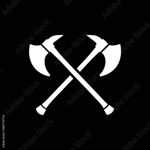 Vector design of crossed axes logo on black, great for rustic outdoor logos, forestry industry branding, hunting badges, and survival icons.
