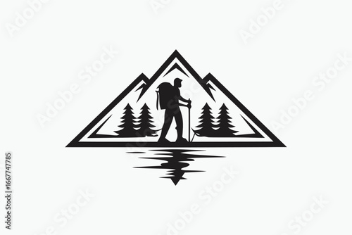 Mountain Hiker Silhouette with Trekking Poles and Pine Trees on White