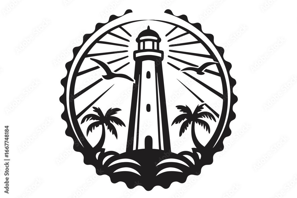 Naklejka premium Seaside Lighthouse with Palm Trees and Seagulls in Black Silhouette