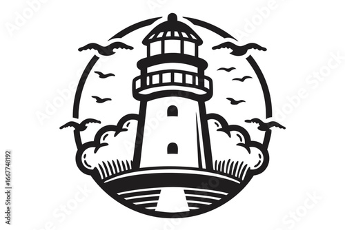 Nautical Lighthouse Silhouette, Seagulls Flying on White Background, Icon