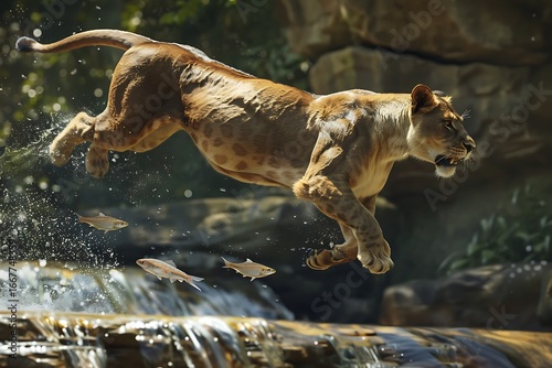 Wallpaper Mural Powerful lioness leaps through water catching fish in dynamic jungle hunt scene Torontodigital.ca
