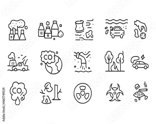 Set of outline icons related to pollution. Linear icon collection
