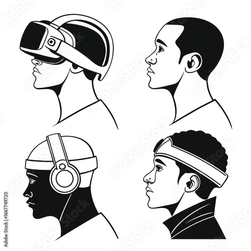 Diverse people wearing headwear heads profiles