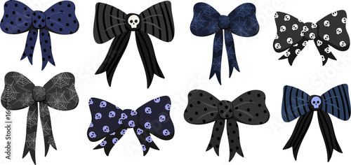 gothic halloween bows set spooky black ribbon collection with skulls spider webs polka dots dark cute accessories vector