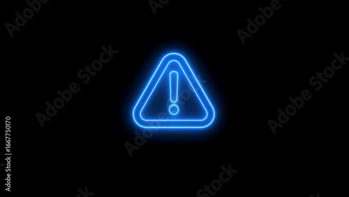 Glowing Blue Neon Exclamation Mark in Triangle Warning Sign on Black Background alert attention