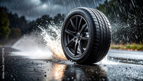 A black car tire splashes through a puddle on a wet road during a heavy rainstorm, showcasing hydroplaning.
