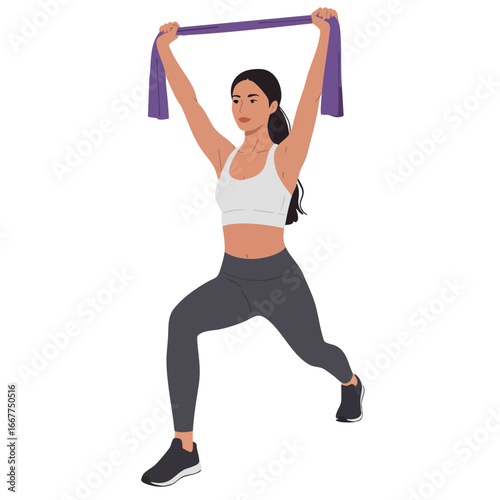 Woman exercising with resistance band in lunge position for fitness and strength training vector illustration 