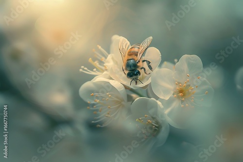 Wallpaper Mural Delicate bee gently lands on soft white blossom, capturing spring's vibrant essence and pollination. Torontodigital.ca