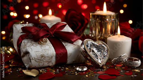 Wallpaper Mural Valentine's Day sale banner. Vector illustration with realistic gift box, candles, gold hearts and confetti on red background. Promo discount banner. Torontodigital.ca