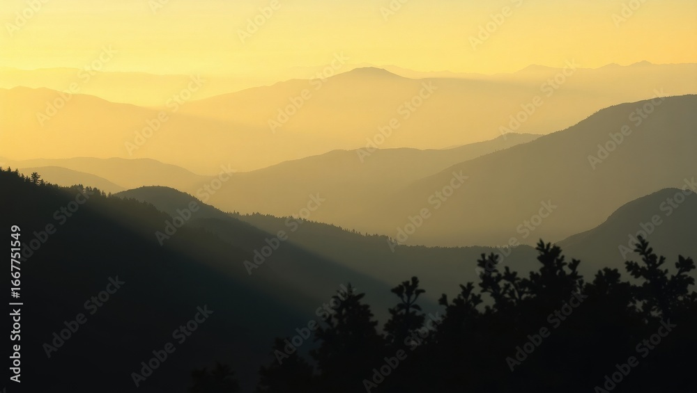 Fototapeta premium Golden haze over layered mountain peaks at sunrise