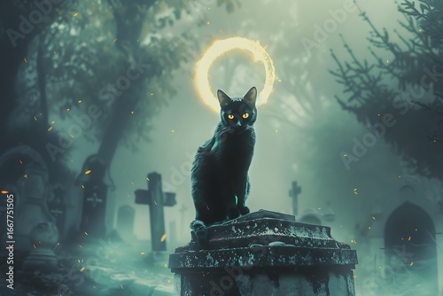 Wallpaper Mural Mysterious black cat with glowing halo sits atop gravestone in foggy, eerie cemetery at night Torontodigital.ca